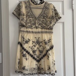 Zara Beige Lace Mini Dress with Black Embroidery